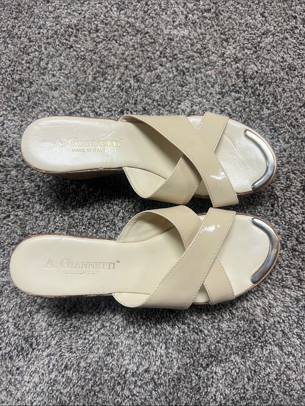 A. Giannetti Cream Patent Leather Cross-Strap Slide Mules